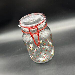Vintage Glass Jar Geese Holly Berry 1980s Red Christmas Decor Canister Storage